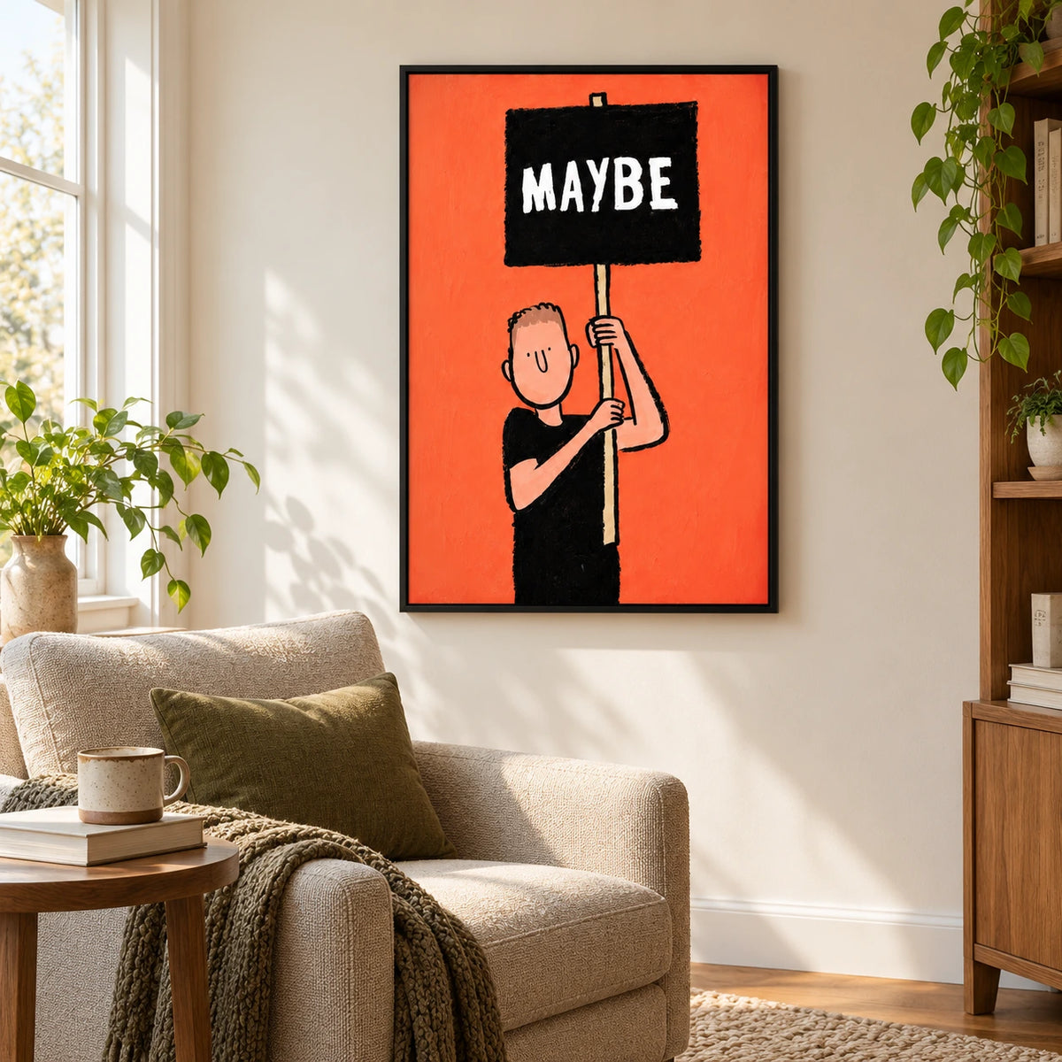 Maybe Sign Cartoon Man Oil Painting | White Lettering Black Placard and Orange Background Humorous Vertical Wall Art #OA 1729