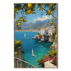 Mediterranean Lemon Tree, Azure Bay and Cliffside White Village Hand-Painted Oil Painting – Vertical Sailboat Coastal Wall Art | Ownanart # OA 1215