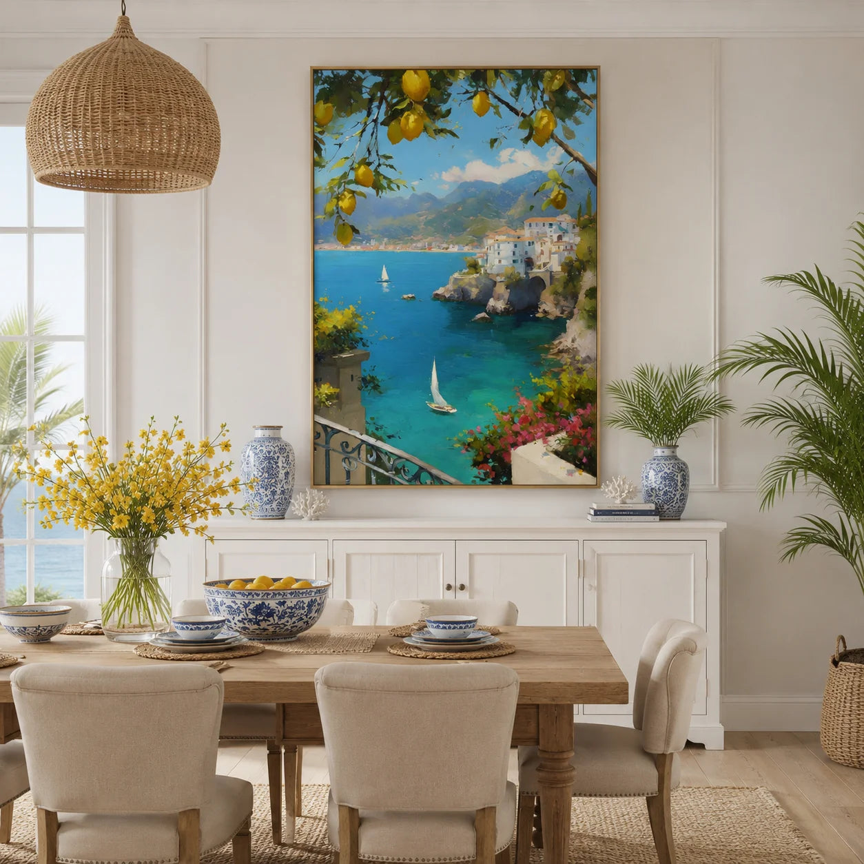 Mediterranean Lemon Tree, Azure Bay and Cliffside White Village Hand-Painted Oil Painting – Vertical Sailboat Coastal Wall Art | Ownanart # OA 1215