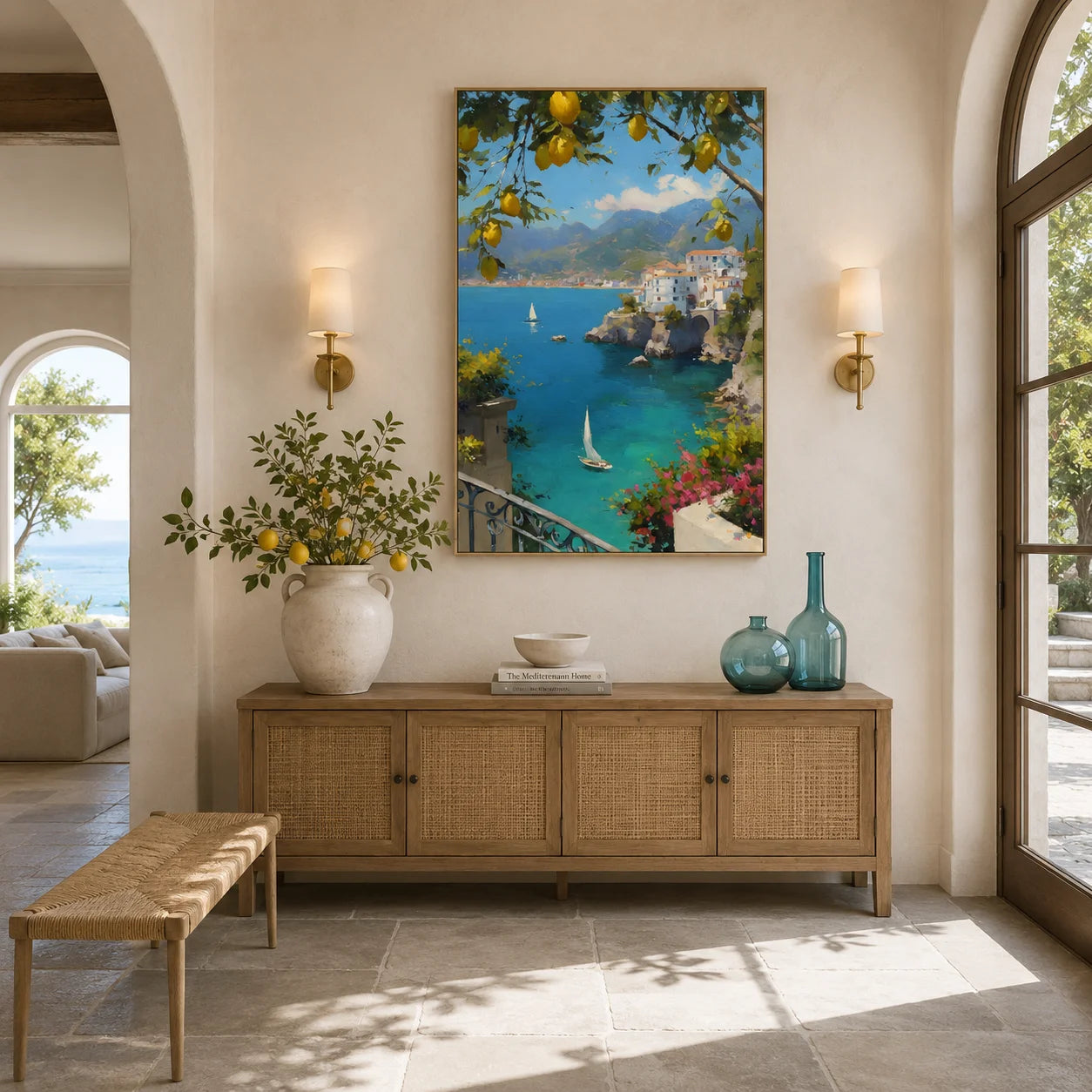 Mediterranean Lemon Tree, Azure Bay and Cliffside White Village Hand-Painted Oil Painting – Vertical Sailboat Coastal Wall Art | Ownanart # OA 1215