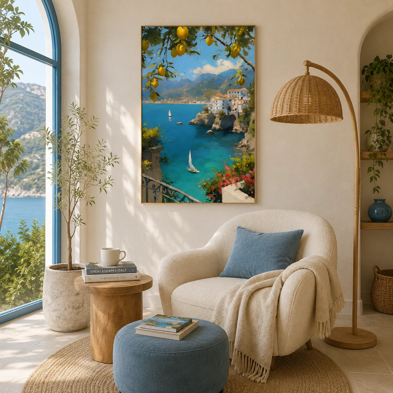 Mediterranean Lemon Tree, Azure Bay and Cliffside White Village Hand-Painted Oil Painting – Vertical Sailboat Coastal Wall Art | Ownanart # OA 1215