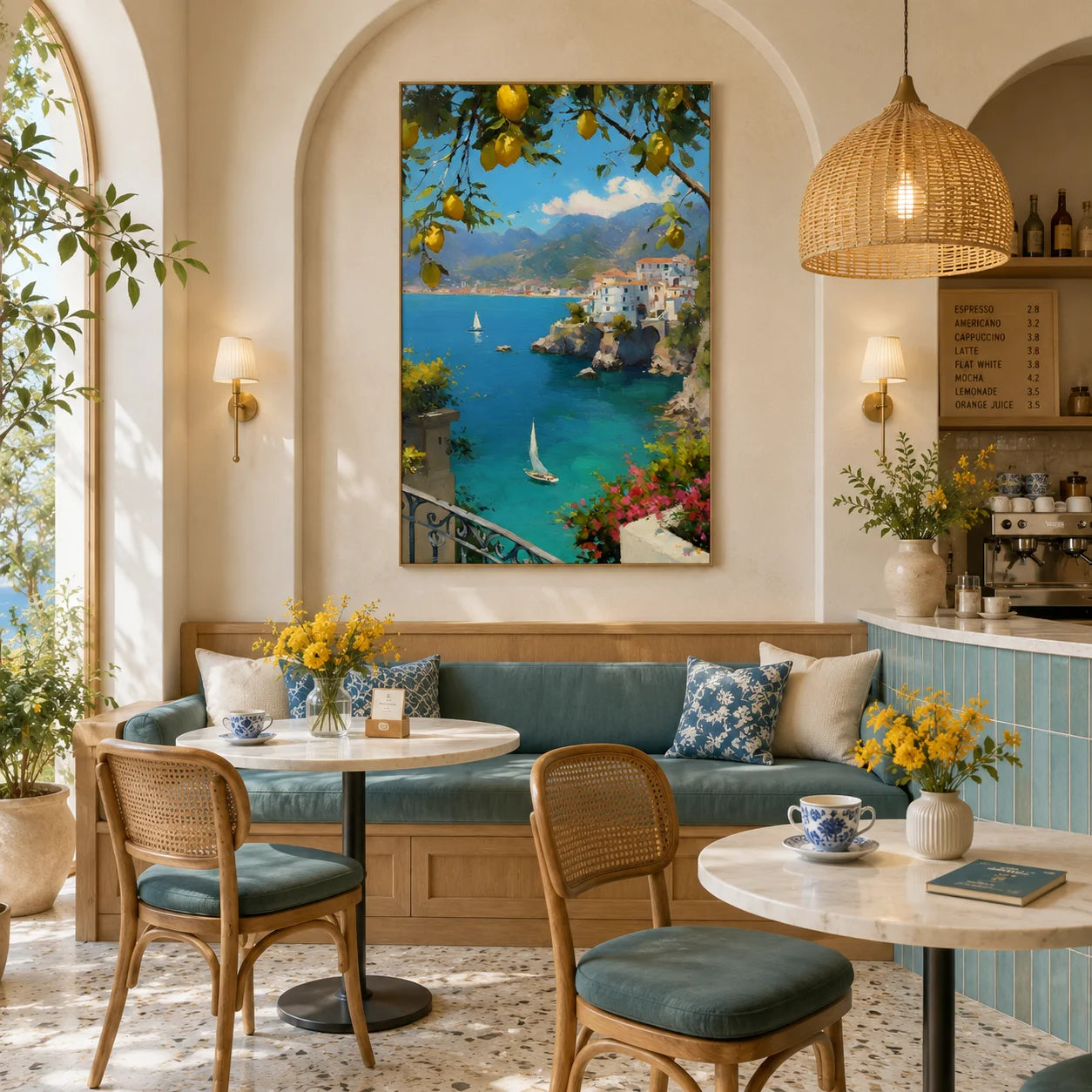 Mediterranean Lemon Tree, Azure Bay and Cliffside White Village Hand-Painted Oil Painting – Vertical Sailboat Coastal Wall Art | Ownanart # OA 1215