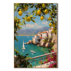 Mediterranean Lemon Tree, Turquoise Bay and Cliffside Village Hand-Painted Oil Painting – Vertical Sailboat Coastal Wall Art | Ownanart # OA 1214