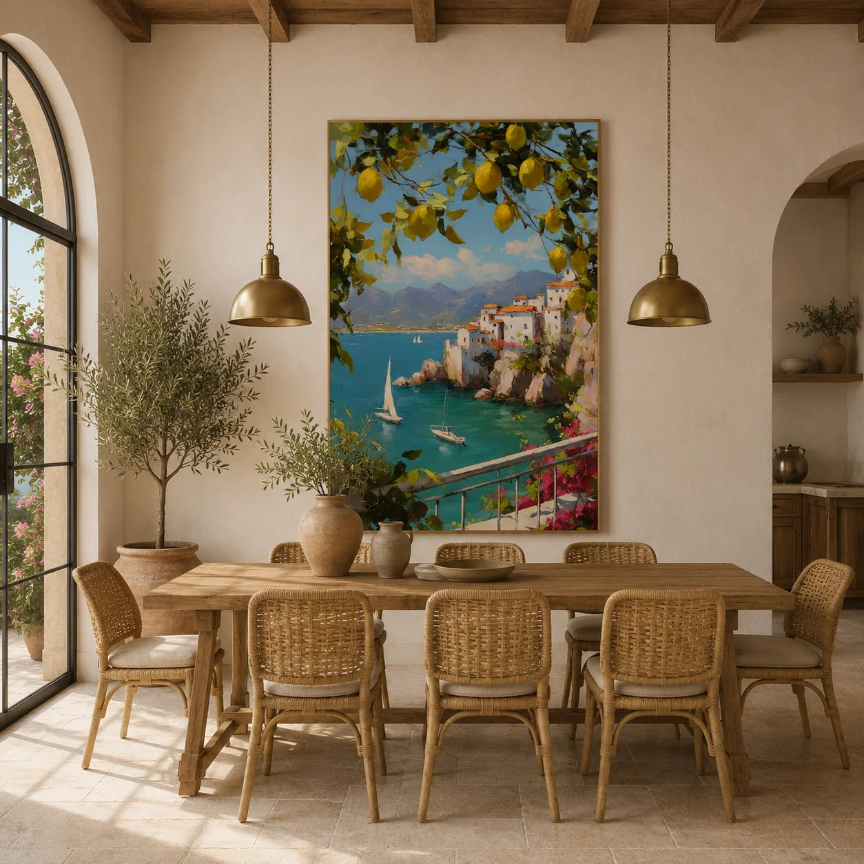 Mediterranean Lemon Tree, Turquoise Bay and Cliffside Village Hand-Painted Oil Painting – Vertical Sailboat Coastal Wall Art | Ownanart # OA 1214