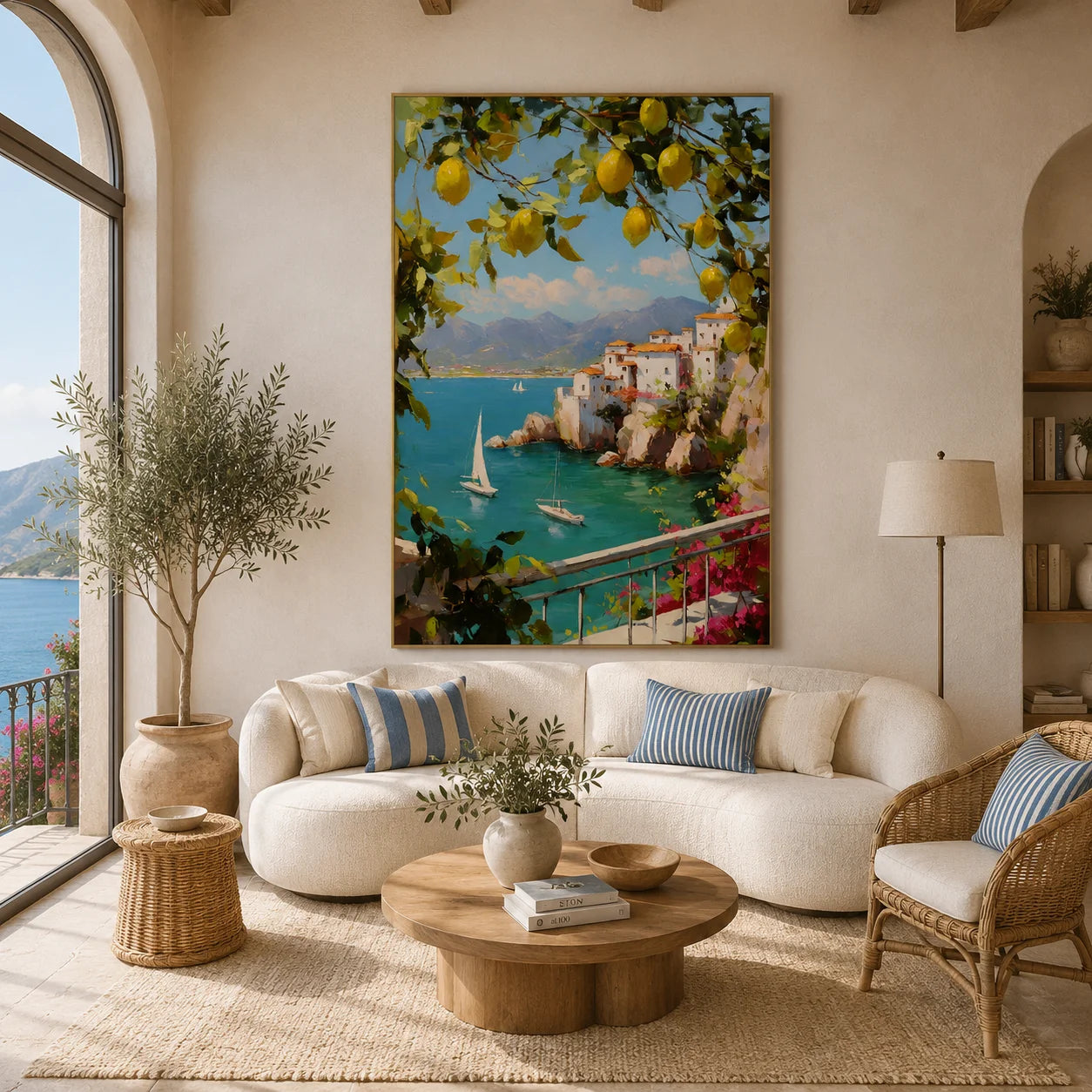 Mediterranean Lemon Tree, Turquoise Bay and Cliffside Village Hand-Painted Oil Painting – Vertical Sailboat Coastal Wall Art | Ownanart # OA 1214