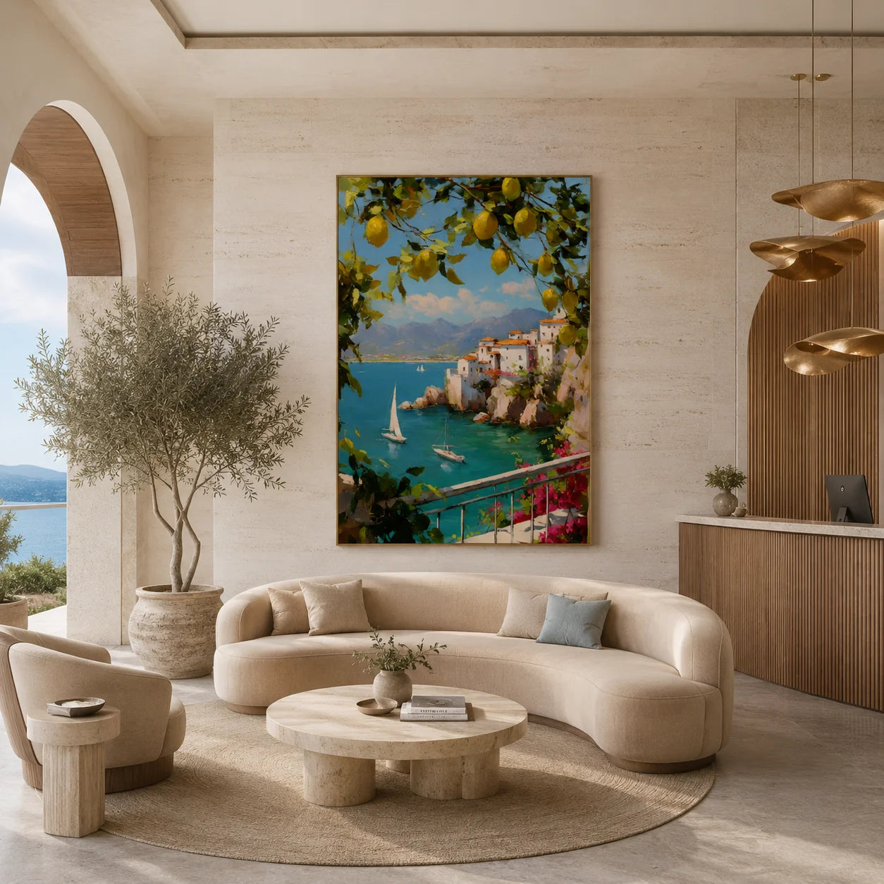 Mediterranean Lemon Tree, Turquoise Bay and Cliffside Village Hand-Painted Oil Painting – Vertical Sailboat Coastal Wall Art | Ownanart # OA 1214