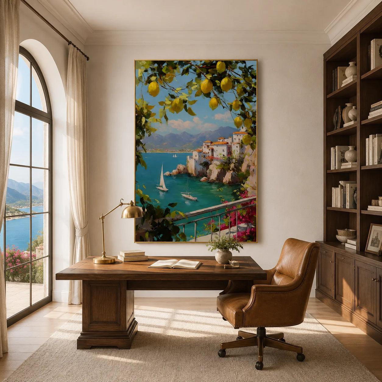 Mediterranean Lemon Tree, Turquoise Bay and Cliffside Village Hand-Painted Oil Painting – Vertical Sailboat Coastal Wall Art | Ownanart # OA 1214