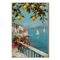Mediterranean Lemon Tree, Turquoise Bay and White Coastal Village Hand-Painted Oil Painting – Vertical Sailboat Wall Art | Ownanart # OA 1217