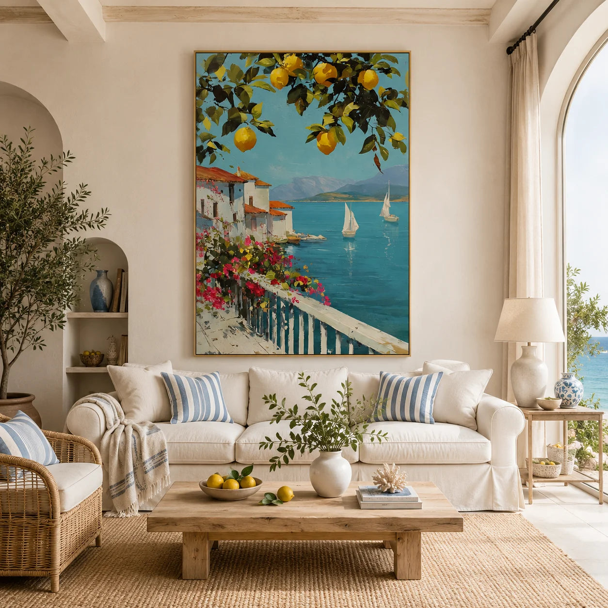Mediterranean Lemon Tree, Turquoise Bay and White Coastal Village Hand-Painted Oil Painting – Vertical Sailboat Wall Art | Ownanart # OA 1217