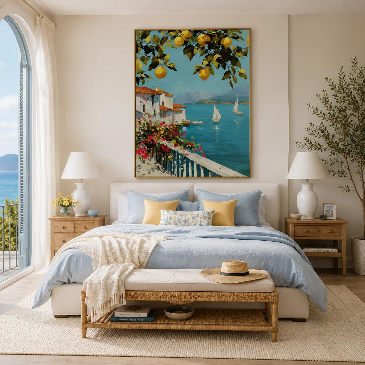 Mediterranean Lemon Tree, Turquoise Bay and White Coastal Village Hand-Painted Oil Painting – Vertical Sailboat Wall Art | Ownanart # OA 1217