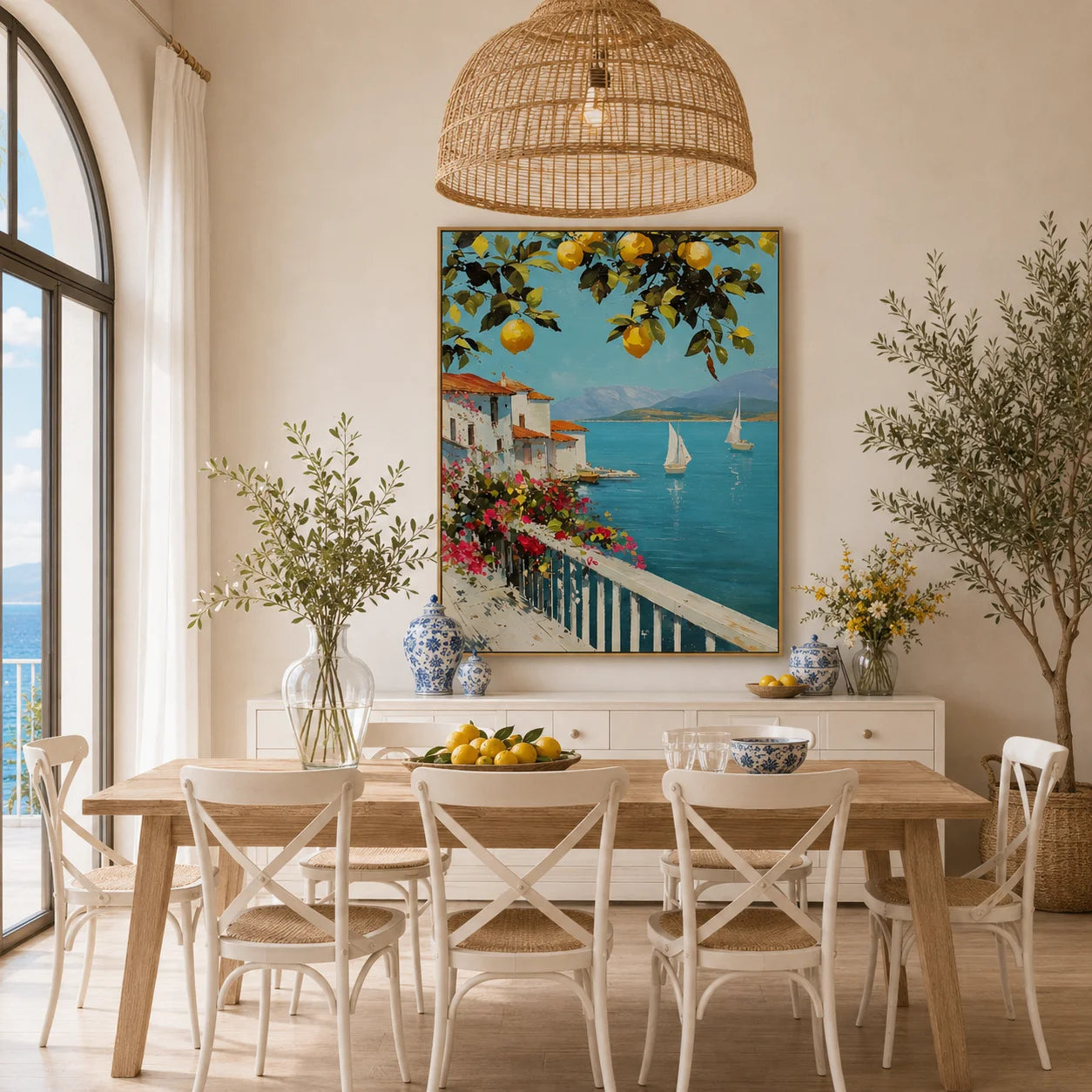 Mediterranean Lemon Tree, Turquoise Bay and White Coastal Village Hand-Painted Oil Painting – Vertical Sailboat Wall Art | Ownanart # OA 1217