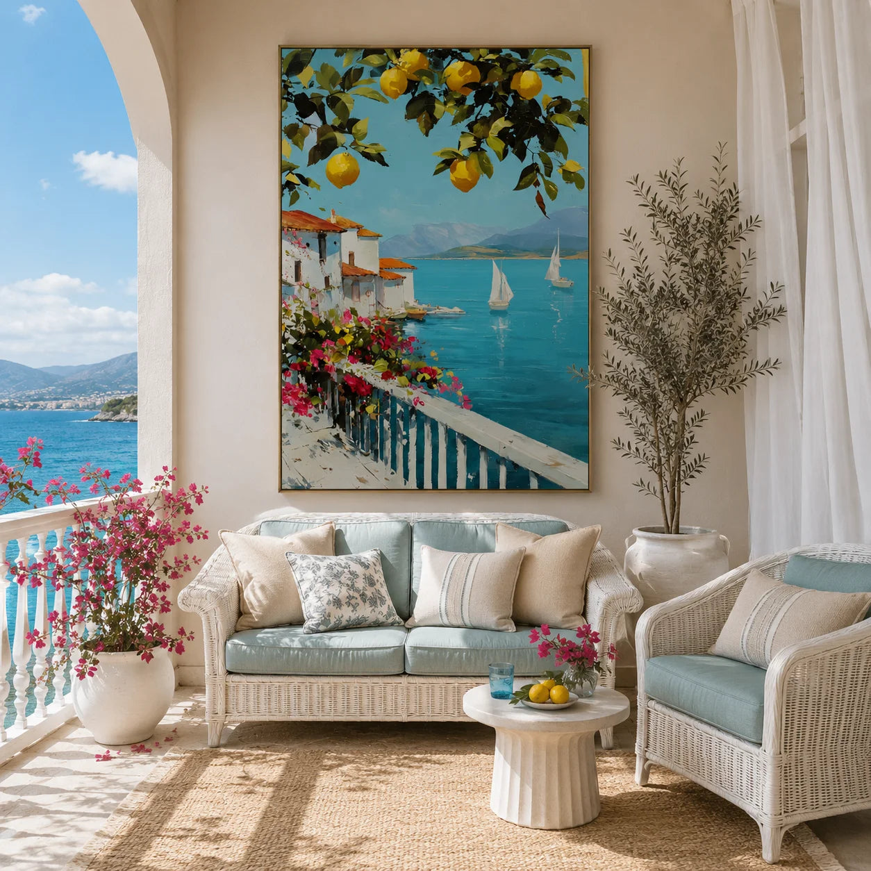 Mediterranean Lemon Tree, Turquoise Bay and White Coastal Village Hand-Painted Oil Painting – Vertical Sailboat Wall Art | Ownanart # OA 1217
