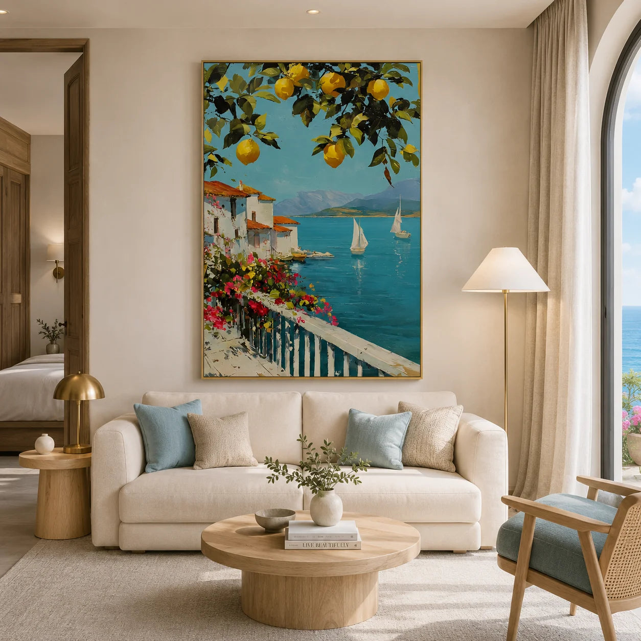 Mediterranean Lemon Tree, Turquoise Bay and White Coastal Village Hand-Painted Oil Painting – Vertical Sailboat Wall Art | Ownanart # OA 1217