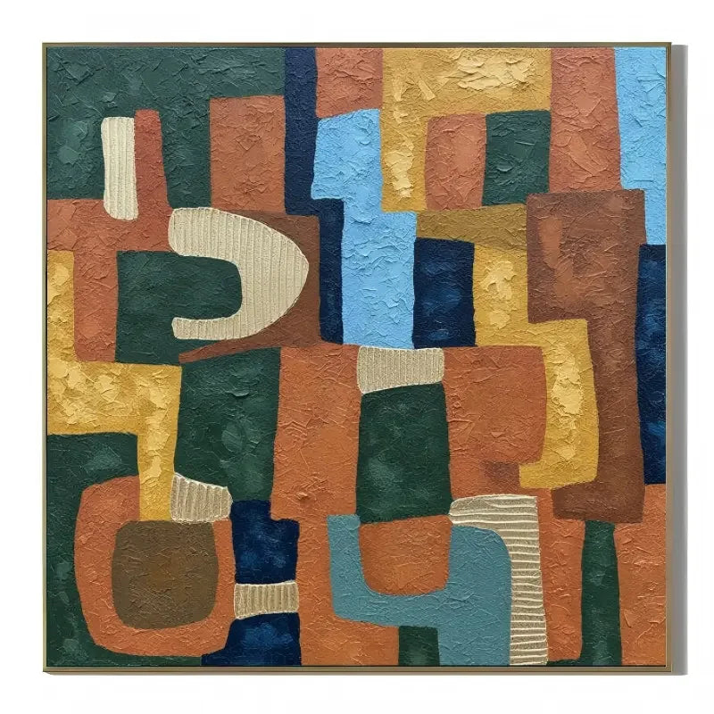 Mid-Century Geometric Abstract Wall Art – Colorful Textured Modern Canvas Painting for Living Room Decor