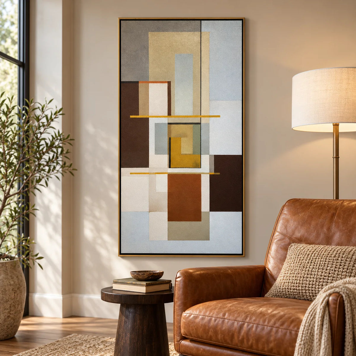 Mid Century Modern Geometric Abstract Canvas Wall Art – Neutral Beige and Brown Vertical Painting for Living Room DecorOA 0862
