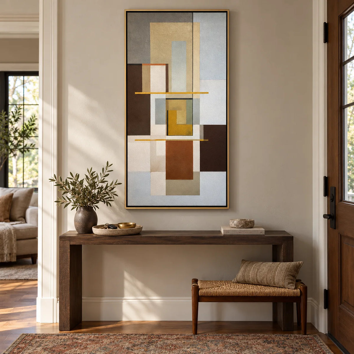 Mid Century Modern Geometric Abstract Canvas Wall Art – Neutral Beige and Brown Vertical Painting for Living Room DecorOA 0862