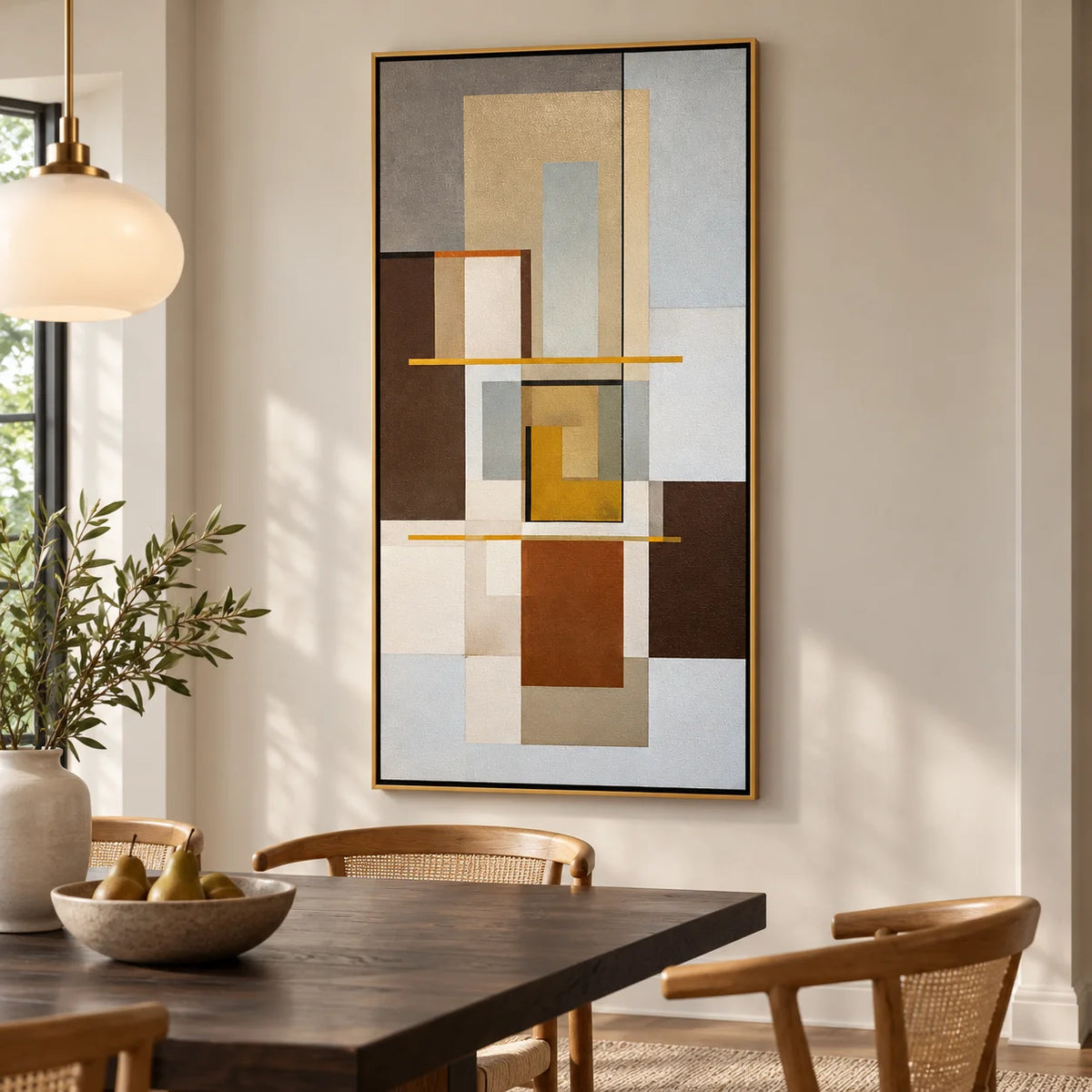 Mid Century Modern Geometric Abstract Canvas Wall Art – Neutral Beige and Brown Vertical Painting for Living Room DecorOA 0862