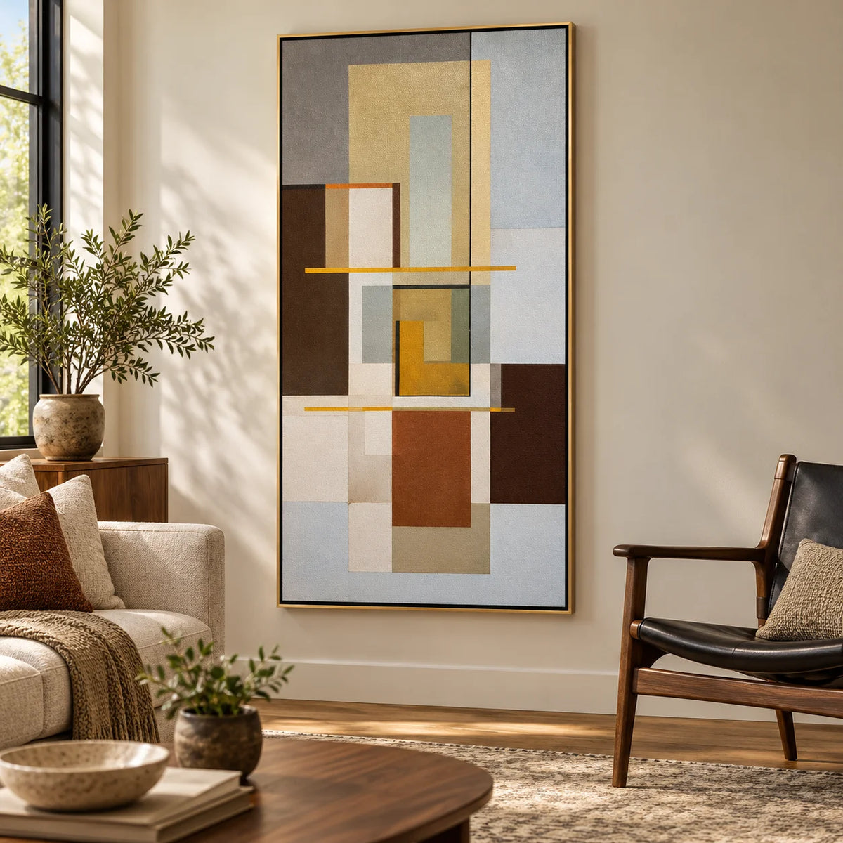 Mid Century Modern Geometric Abstract Canvas Wall Art – Neutral Beige and Brown Vertical Painting for Living Room DecorOA 0862