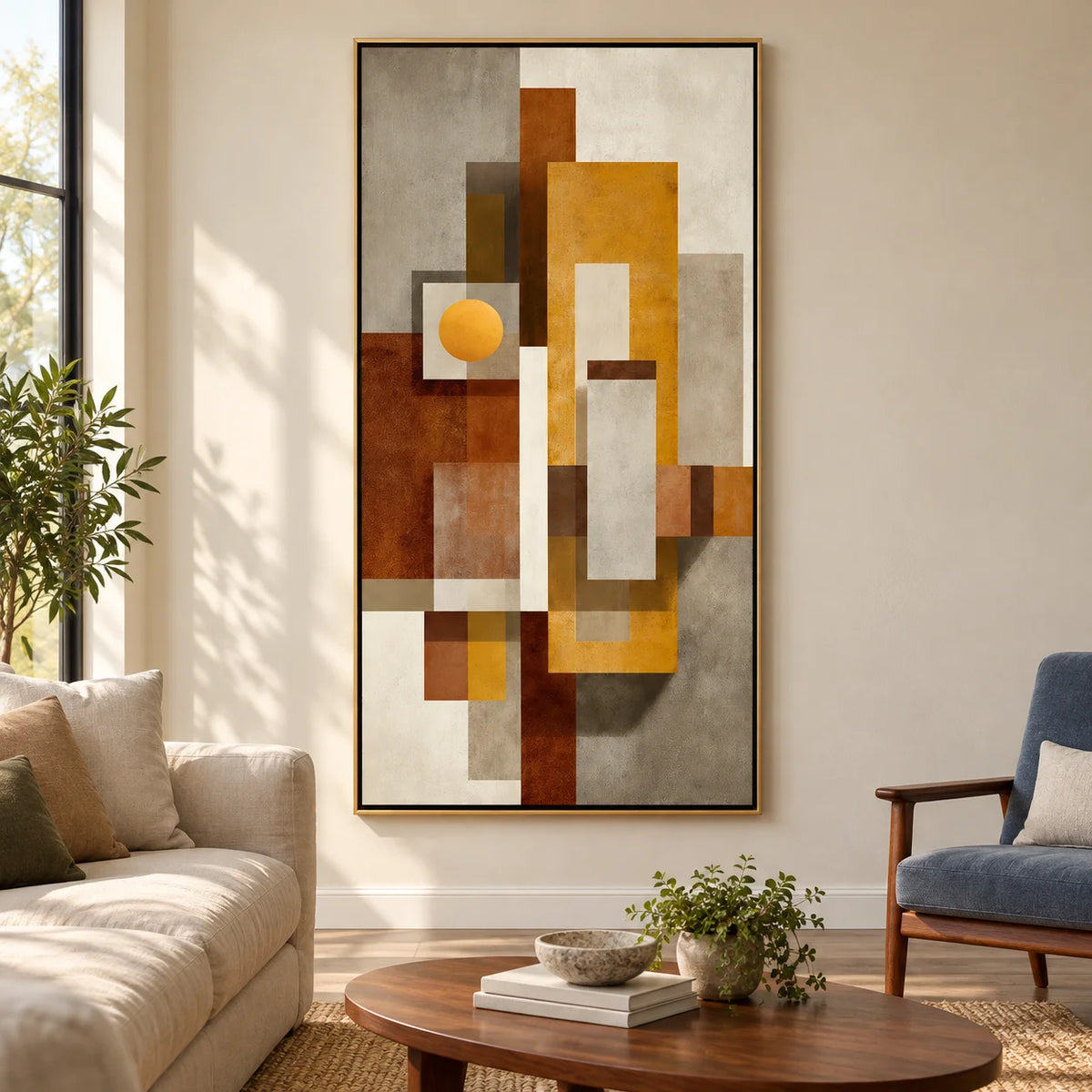 Mid Century Modern Geometric Abstract Canvas Wall Art – Vertical Neutral Beige Mustard Yellow Painting for Entryway Living Room Decor