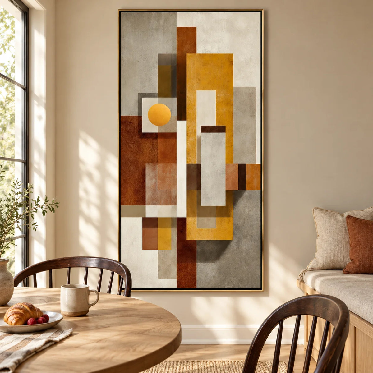 Mid Century Modern Geometric Abstract Canvas Wall Art – Vertical Neutral Beige Mustard Yellow Painting for Entryway Living Room Decor