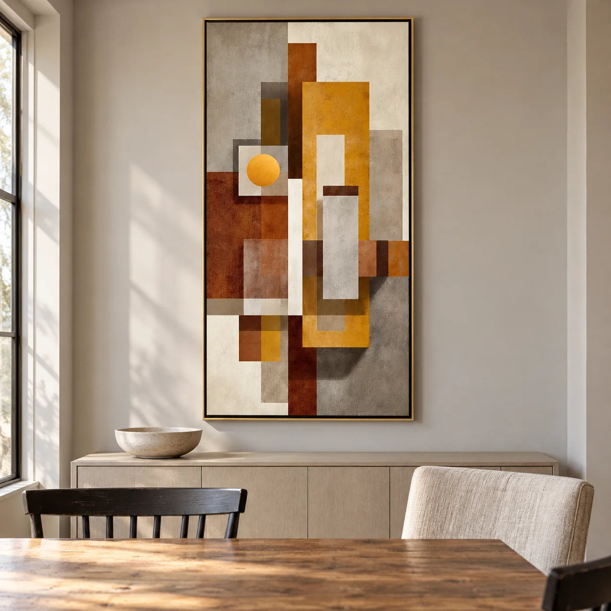 Mid Century Modern Geometric Abstract Canvas Wall Art – Vertical Neutral Beige Mustard Yellow Painting for Entryway Living Room Decor