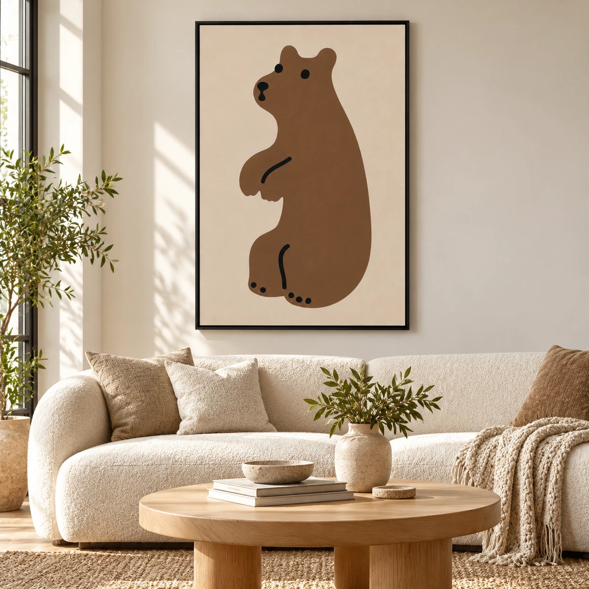 Minimalist Brown Bear Oil Painting | Beige Background Black Details and Simple Animal Portrait Vertical Nursery Wall Art #OA 1732
