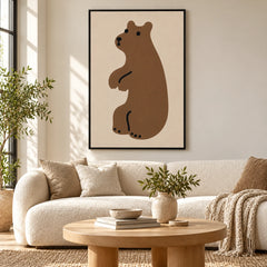 Minimalist Brown Bear Oil Painting | Beige Background Black Details and Simple Animal Portrait Vertical Nursery Wall Art #OA 1732