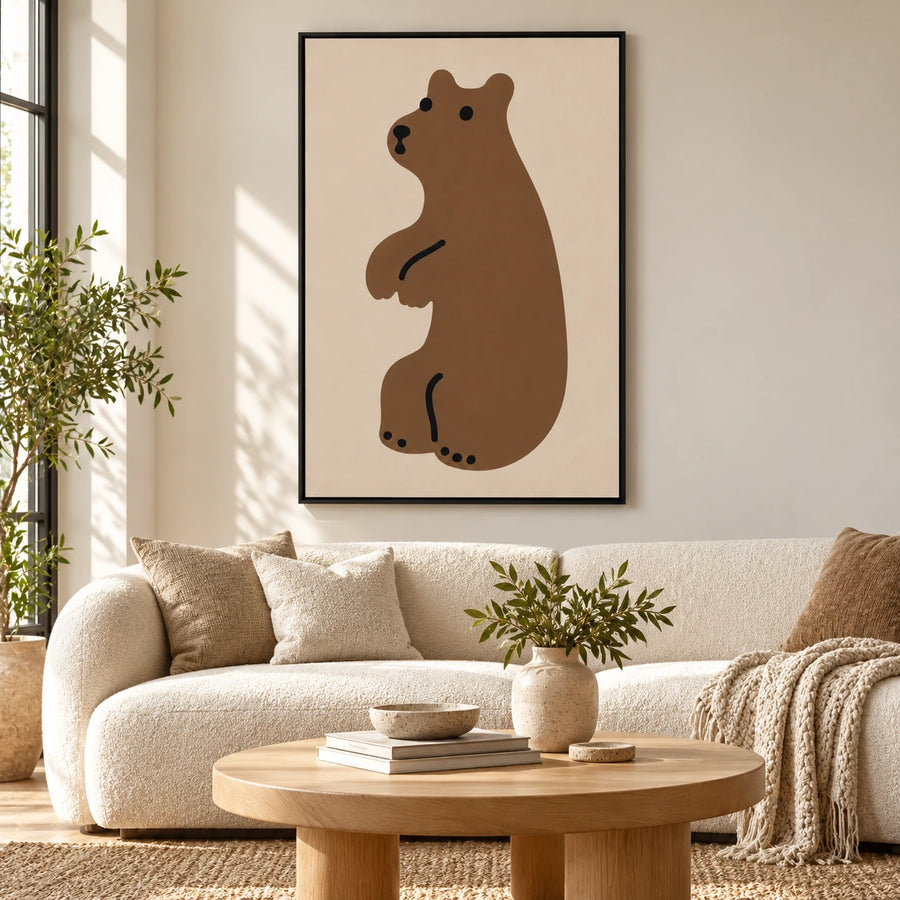 Minimalist Brown Bear Oil Painting | Beige Background Black Details and Simple Animal Portrait Vertical Nursery Wall Art #OA 1732