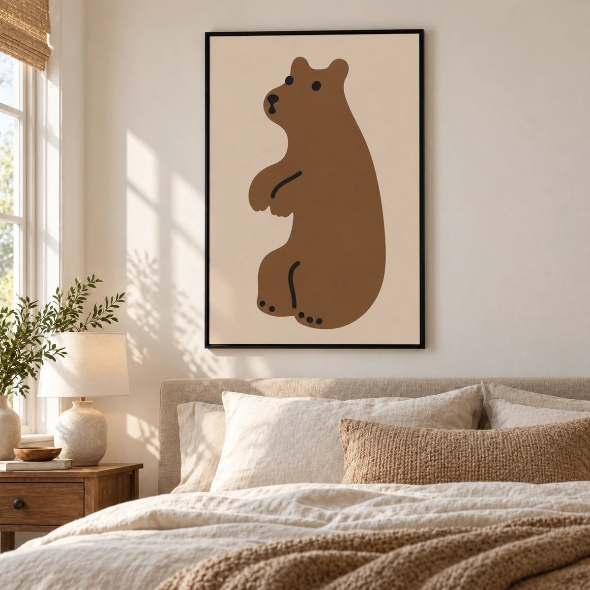 Minimalist Brown Bear Oil Painting | Beige Background Black Details and Simple Animal Portrait Vertical Nursery Wall Art #OA 1732
