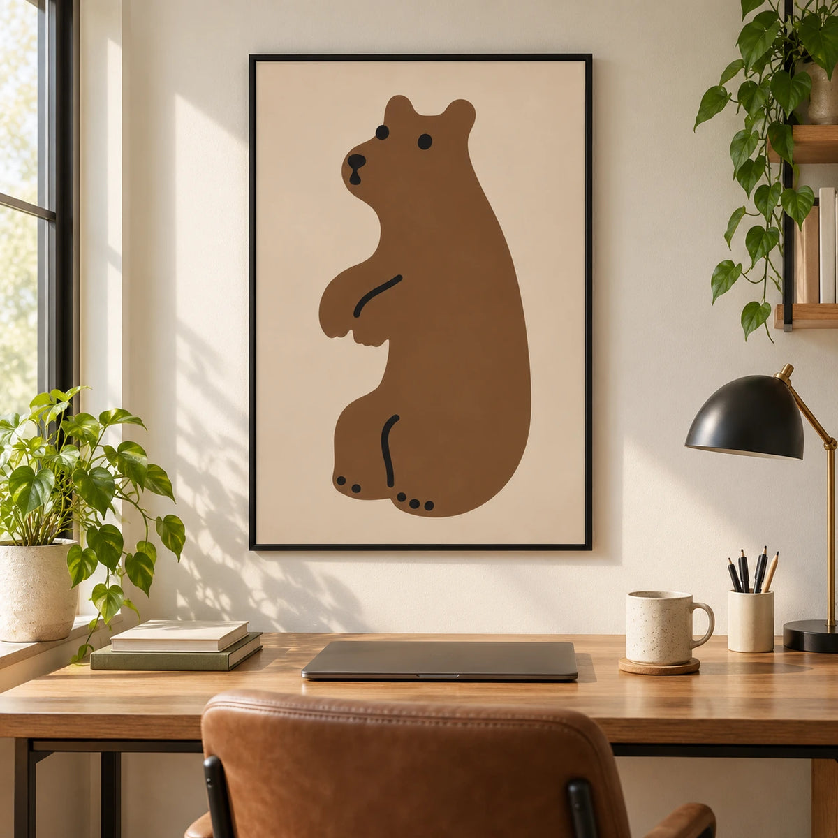 Minimalist Brown Bear Oil Painting | Beige Background Black Details and Simple Animal Portrait Vertical Nursery Wall Art #OA 1732