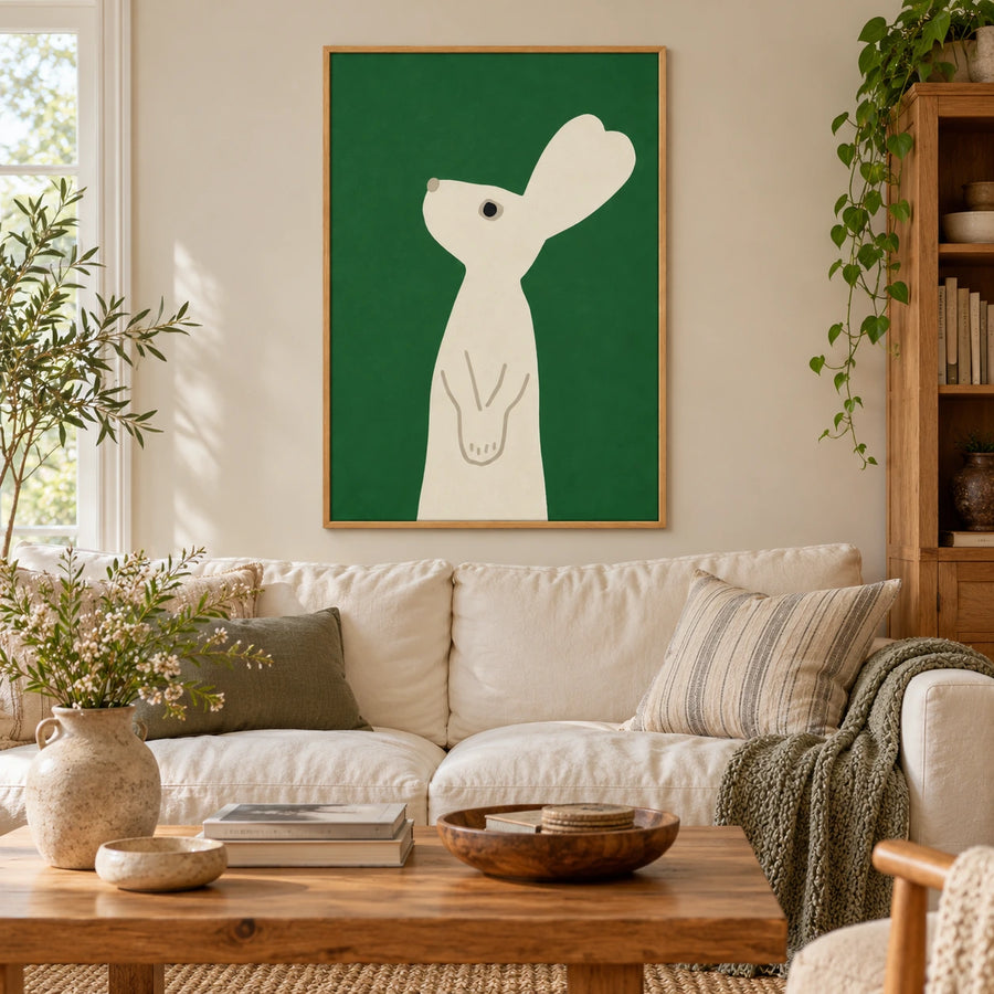Minimalist Cream Rabbit Oil Painting | Green Background Simple Animal Portrait Vertical Nursery Wall Art #OA 1766