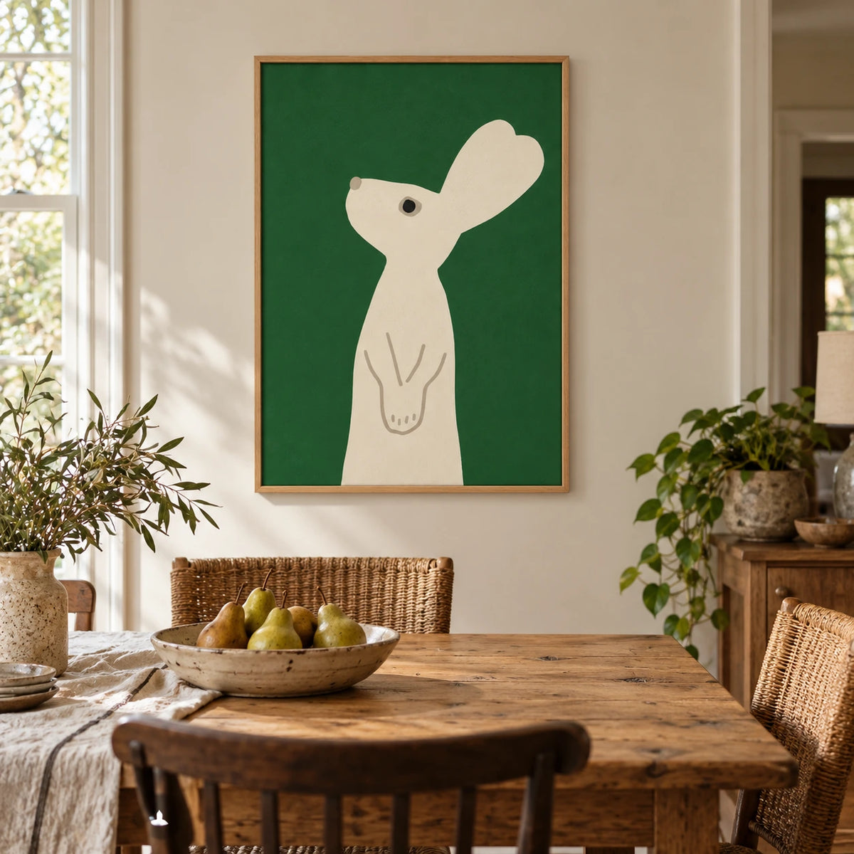 Minimalist Cream Rabbit Oil Painting | Green Background Simple Animal Portrait Vertical Nursery Wall Art OA 1766