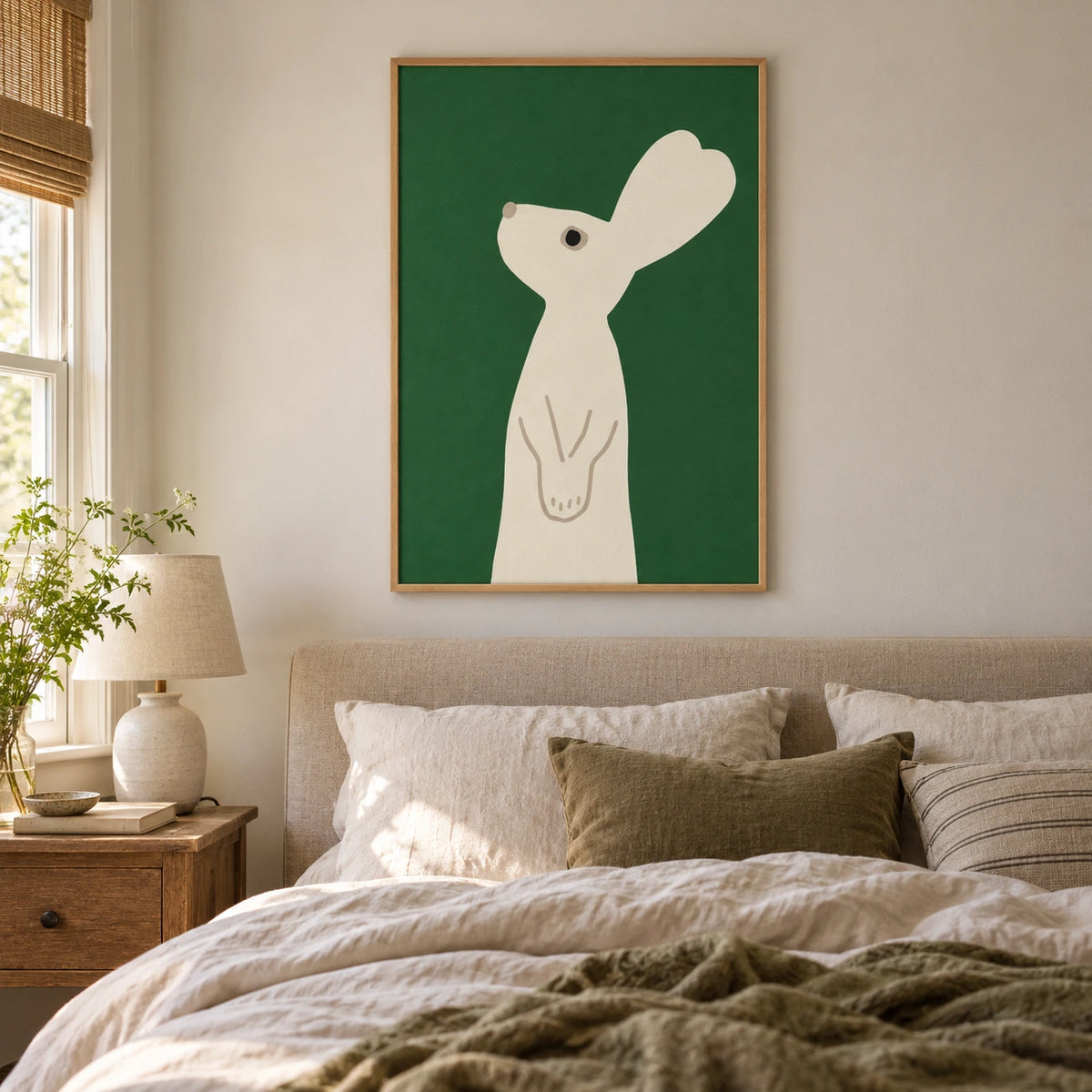 Minimalist Cream Rabbit Oil Painting | Green Background Simple Animal Portrait Vertical Nursery Wall Art OA 1766