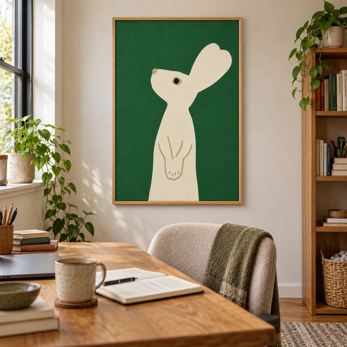 Minimalist Cream Rabbit Oil Painting | Green Background Simple Animal Portrait Vertical Nursery Wall Art OA 1766
