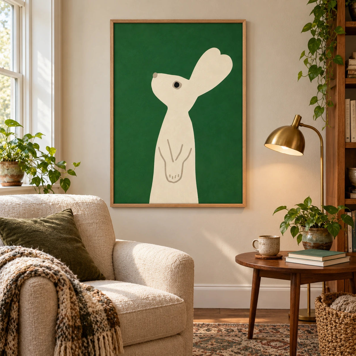 Minimalist Cream Rabbit Oil Painting | Green Background Simple Animal Portrait Vertical Nursery Wall Art OA 1766