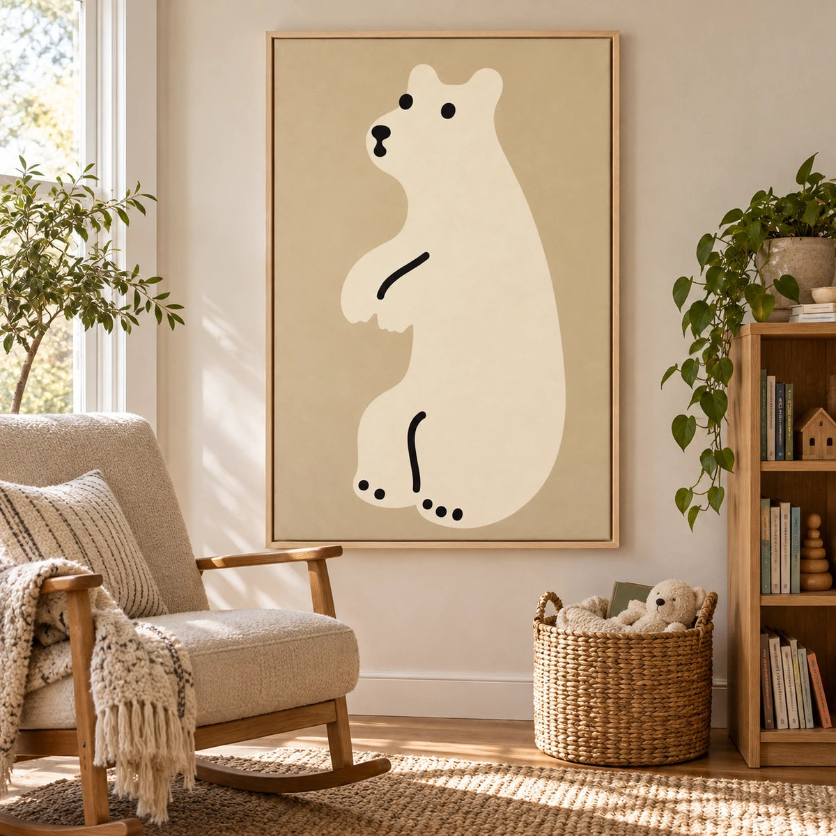Minimalist White Polar Bear Oil Painting | Neutral Beige Nursery Animal Vertical Wall Art #OA 1623