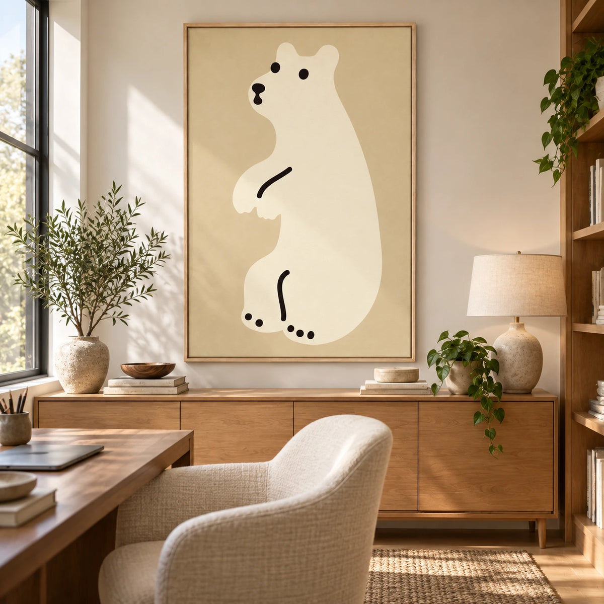 Minimalist White Polar Bear Oil Painting | Neutral Beige Nursery Animal Vertical Wall Art #OA 1623