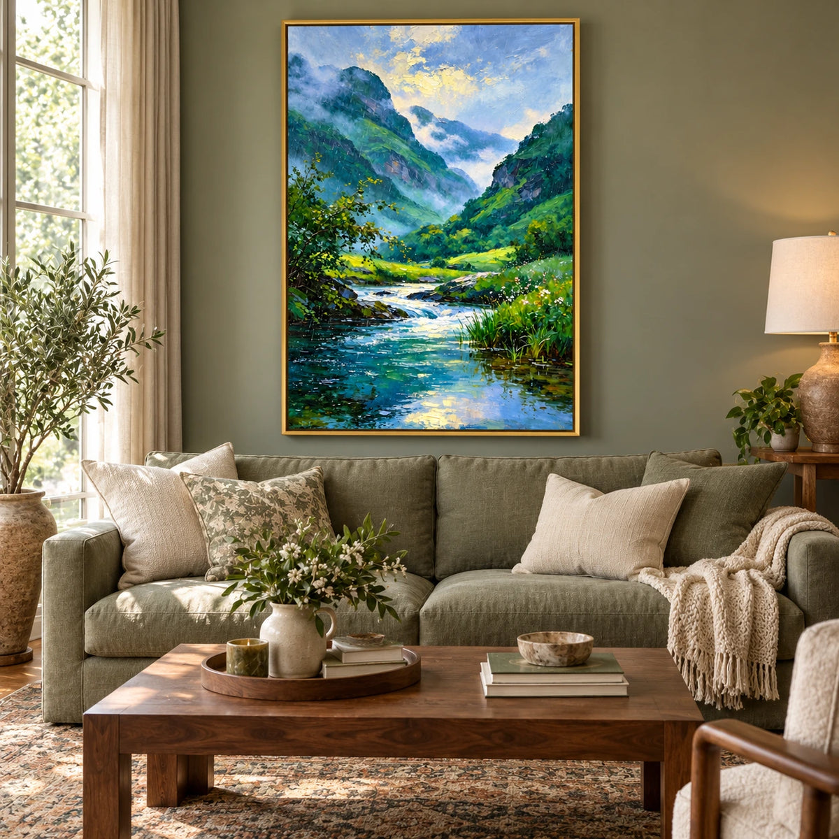 Misty Mountain River Oil Painting | Green Valley Blue Stream and Wildflowers Textured Vertical Landscape Wall Art OA 1675