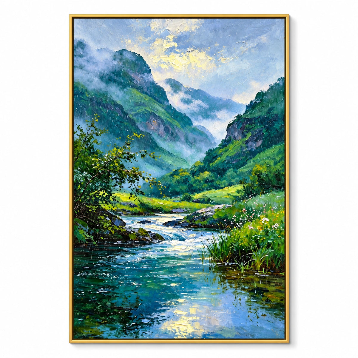 Misty Mountain River Oil Painting | Green Valley Blue Stream and Wildflowers Textured Vertical Landscape Wall Art OA 1675