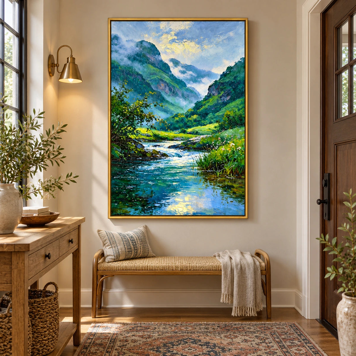 Misty Mountain River Oil Painting | Green Valley Blue Stream and Wildflowers Textured Vertical Landscape Wall Art OA 1675