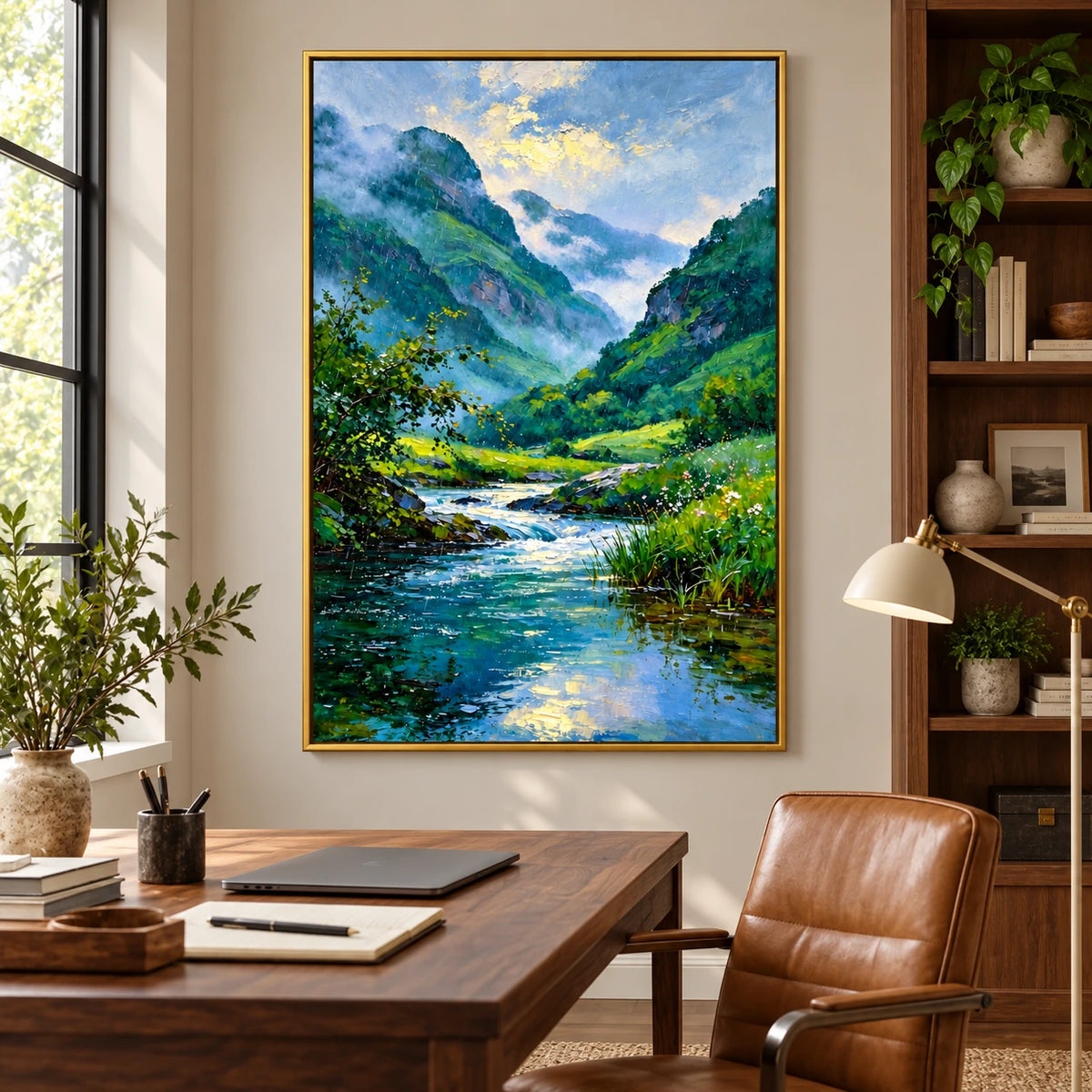 Misty Mountain River Oil Painting | Green Valley Blue Stream and Wildflowers Textured Vertical Landscape Wall Art OA 1675
