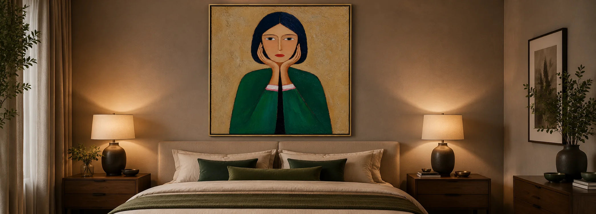 Large hand-painted textured folk art portrait of a woman in a dark green dress displayed above a beige upholstered bed in a warm modern bedroom.