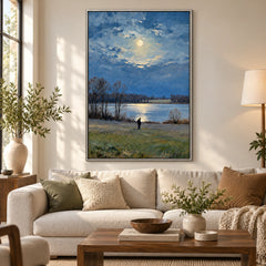 Moonlit Lake with Lone Figure Oil Painting | Bare Trees Blue Water and Full Moon Vertical Landscape Wall Art #OA 1708