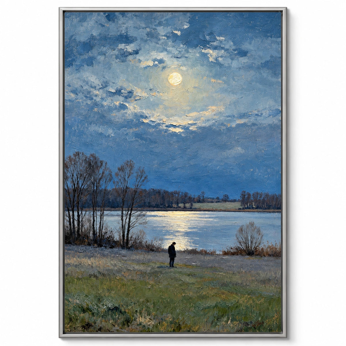 Moonlit Lake with Lone Figure Oil Painting | Bare Trees Blue Water and Full Moon Vertical Landscape Wall Art #OA 1708