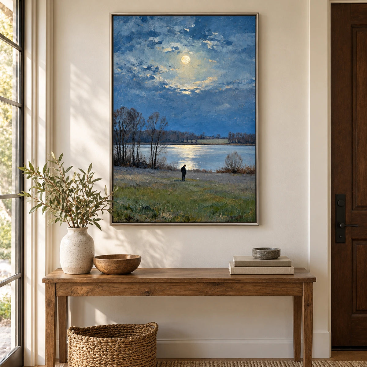 Moonlit Lake with Lone Figure Oil Painting | Bare Trees Blue Water and Full Moon Vertical Landscape Wall Art #OA 1708