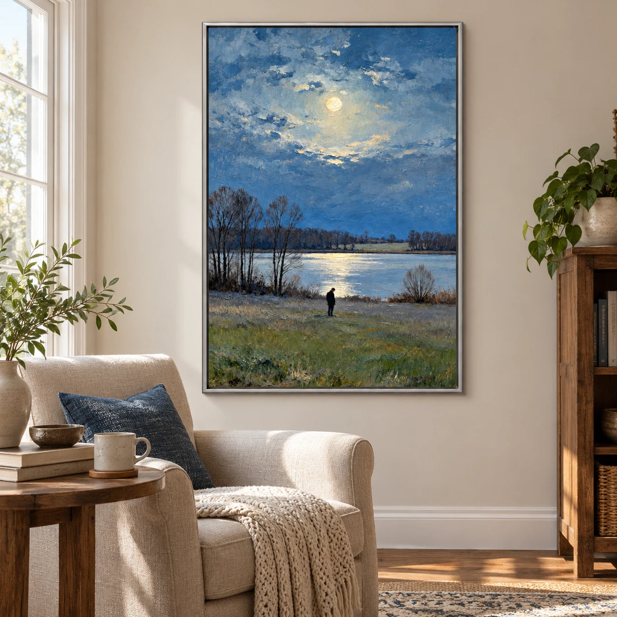 Moonlit Lake with Lone Figure Oil Painting | Bare Trees Blue Water and Full Moon Vertical Landscape Wall Art #OA 1708