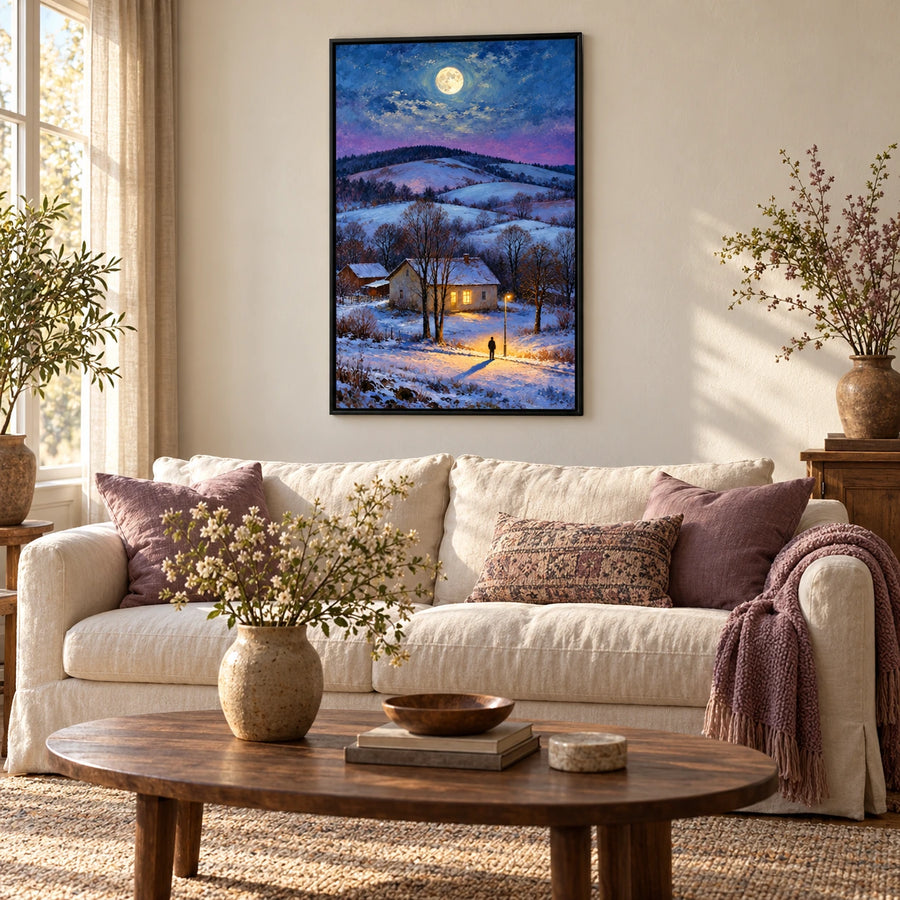Moonlit Snowy Cottage Oil Painting | Warm Windows Lone Figure and Winter Hills Vertical Landscape Wall Art #OA 1658