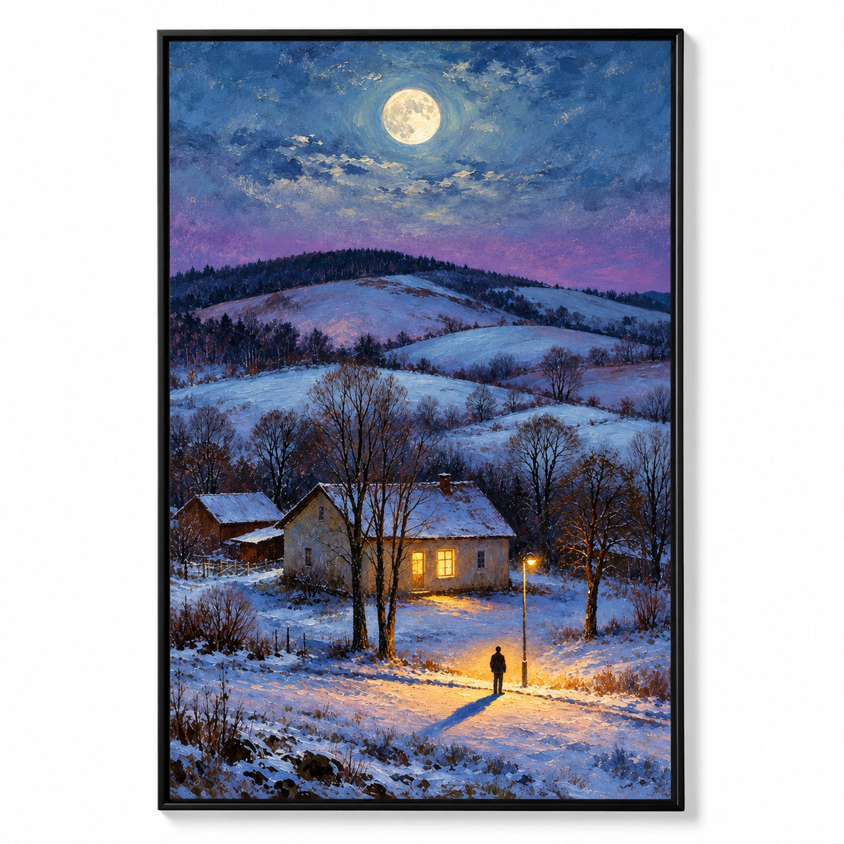 Moonlit Snowy Cottage Oil Painting | Warm Windows Lone Figure and Winter Hills Vertical Landscape Wall Art #OA 1658