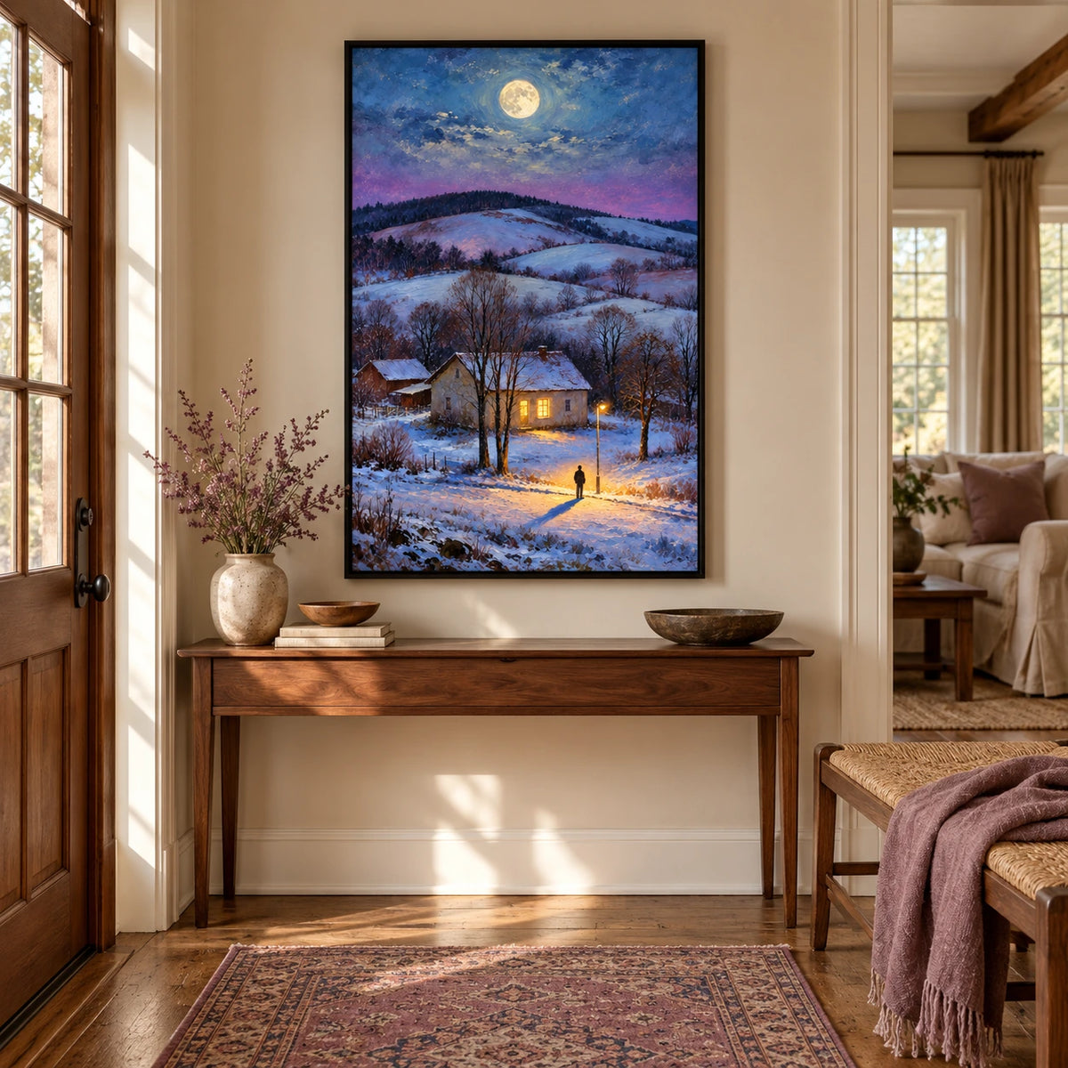 Moonlit Snowy Cottage Oil Painting | Warm Windows Lone Figure and Winter Hills Vertical Landscape Wall Art #OA 1658