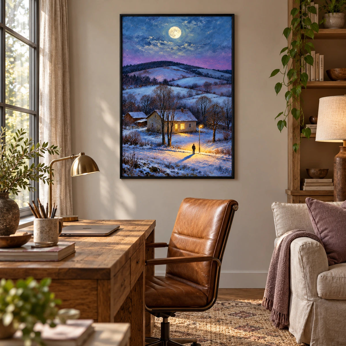 Moonlit Snowy Cottage Oil Painting | Warm Windows Lone Figure and Winter Hills Vertical Landscape Wall Art #OA 1658